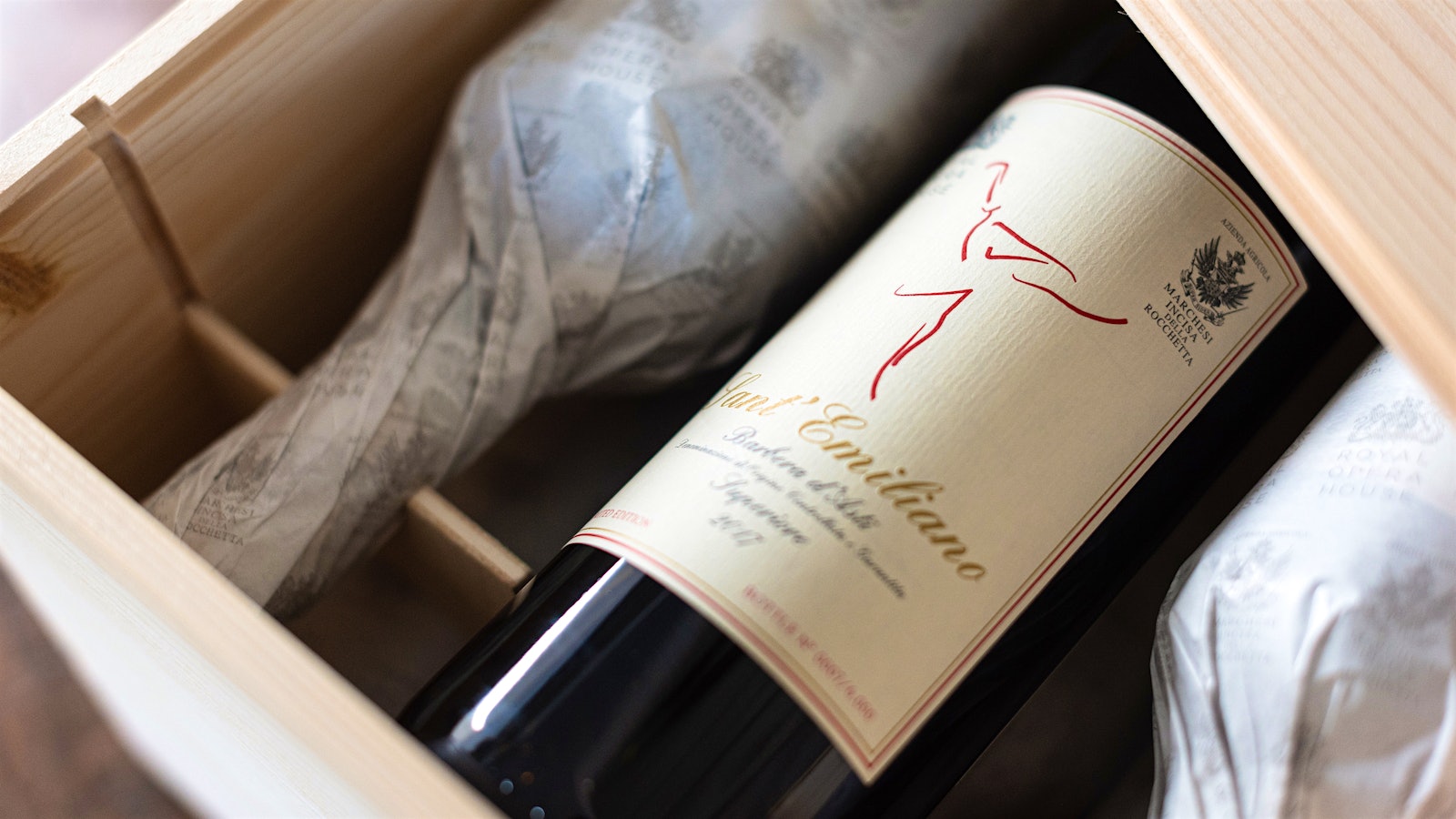 Marchesi Incisa della Rocchetta Sant'Emiliano Barbera d'Asti Superiore 2017 bottle with artist label